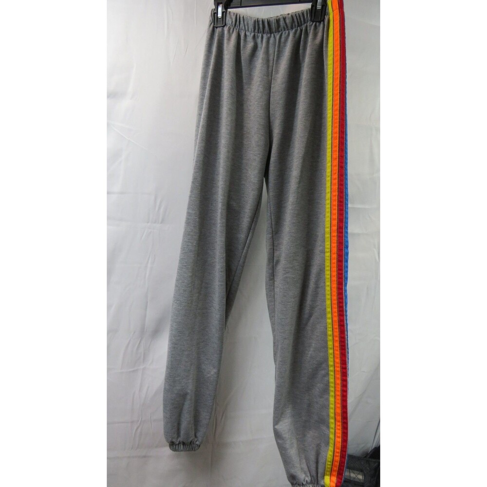 Women's Small Gray Fleece Jogger Pants Rainbow Stripe Pull-On Elastic Waist